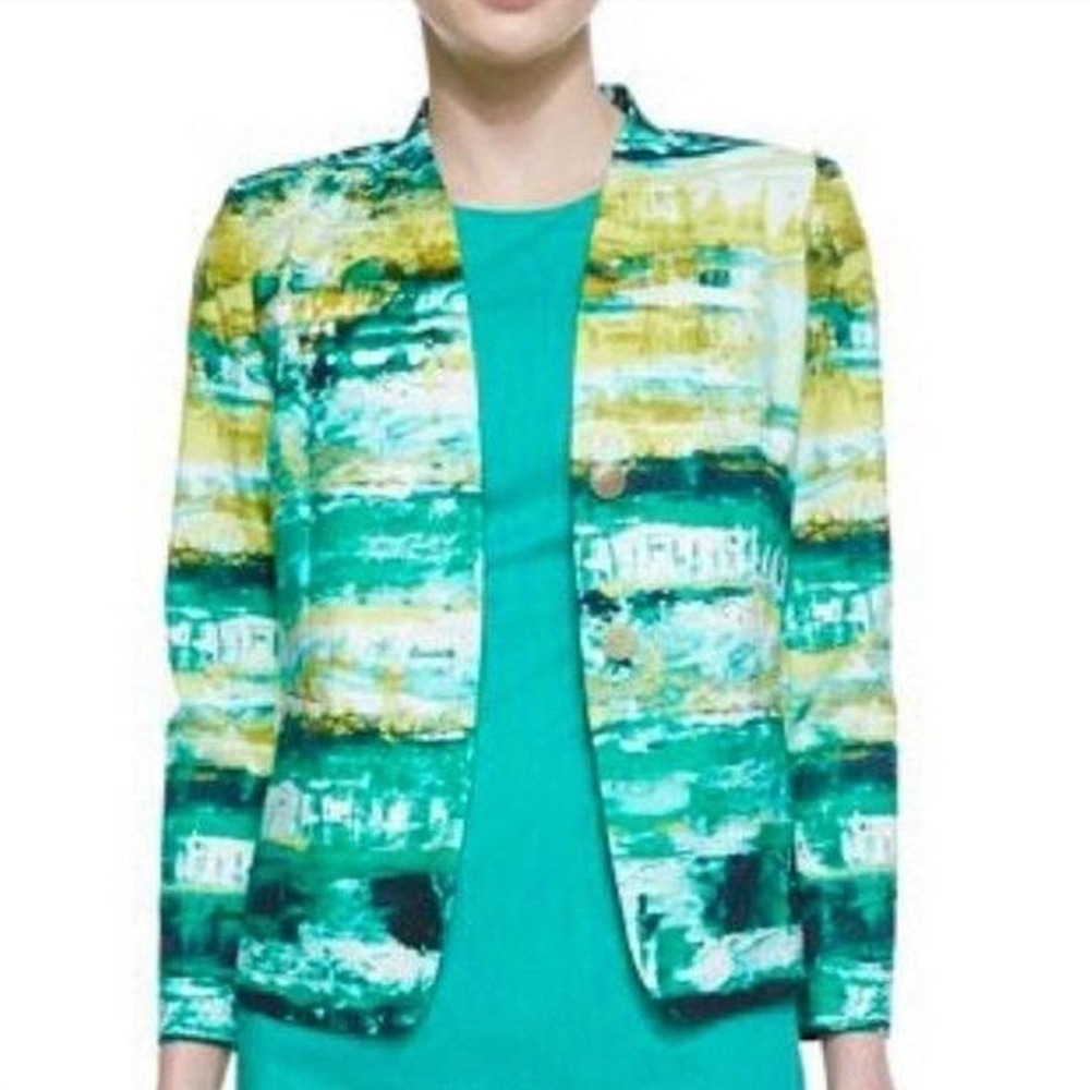 Lafayette 148 New York Blazer Womens 10 Green Abstract Print Stretch Cotton Work